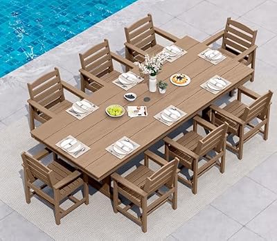 SERWALL 9 Piece Outdoor Dining Set, 84" HDPE Outdoor Table and Chairs for 8?All Weather Patio Furniture Set with Umbrella Hole for Backyard, Garden, Brown