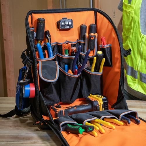 Klein Tools 62482 Tool Backpack, Tool-Station Pro Heavy-Duty Organizer with 27 Pockets, Large Interior, Molded Bottom, Electrician Tool Bag - Image 7