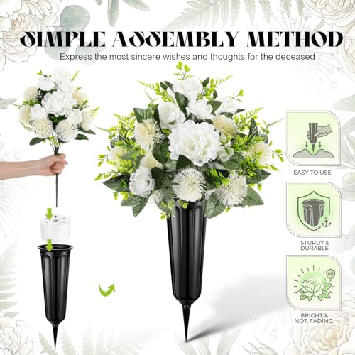 Image of 4 Set Christmas Cemetery Flowers for Grave White Artificial Peony with Vase
