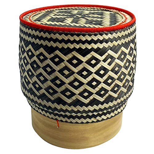 PANWA Reis-Servierkorb aus Bambus, handgefertigt, 100 % umweltfreundlich, thailändische Kratip-Behälter - Kohlegeflecht mit pflanzlicher Farbe - lebensmittelecht, Familiengröße - 15,2 cm Durchmesser Cover