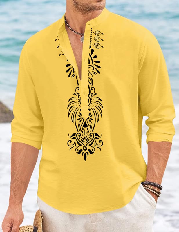 Image of FINIVO FASHION Men's Cotton Blend Short Kurta with Bold Printed Front Design | Full Sleeve Ethnic Casual Kurta with Mandarin Collar | Artistic Festival & Travel Wear for Modern Ethnic Style