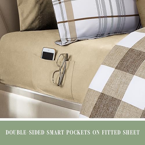 Image of Elegant Comfort 8-Piece Lodge Plaid Reversible Comforter Set - All Season Bed in a Bag, 4-Piece Sheet Set Featuring Smart Pockets, Matching Shams and Decorative Pillow, King /California King, Taupe