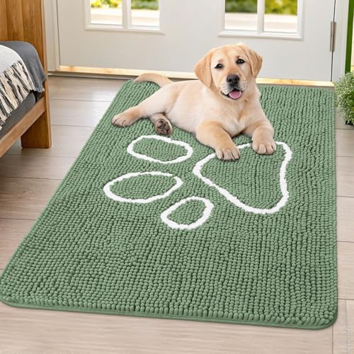 Image of Smiry Dog Door Mat for Muddy Paws, Absorbent Dirt Trapper Non Slip Quick Dry Washable Chenille Mat for Mud Dogs, Entry Rug for Indoor and Outdoor (40x32 Inches, Olive Green and White)