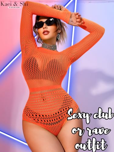 Image of Kaei&Shi Sexy Hollow Rave Outfits, Fishnet Bodysuit Fits US Women Sizes 0-18, Sheer Lace Glow Party Tops Festival Mesh