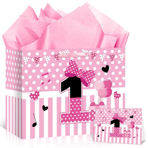 Cartoon Mouse 1st Birthday Gift Bag Pink Mouse 1st Birthday Bag with Tissue Paper and Card Pink Stripe Bow One Year Old Gift Wrapping Paper Bags for Baby Girls Shower Princess 1 Year Old Party Decor
