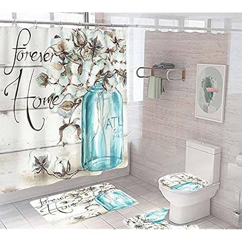 mamrug 4 PCS Cotton Flower Shower Curtain Sets with Non-Slip Rugs and Toilet Lid Cover Farm Blue Bottle Bath Decor Shower Curtains 72"x 72" with 12 Hooks Waterproof for Bathroom… Cover
