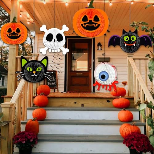 Image of Pop The Party Halloween Hanging Ornaments - 3D Pumpkin, Black Cat & Skull Decorations | Party Supplies for Home, Classroom, Office, Haunted House Decor (3 PCS)