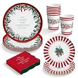 OH YEAH - Vajilla Desechable Navidad 6 Personas All I Want For Christmas - 38 piezas - Platos, Vasos, Servilletas y Mantel - Decoración Mesa Navideña - Diseño Acebo y Lazos Rojos - Celebraciones
