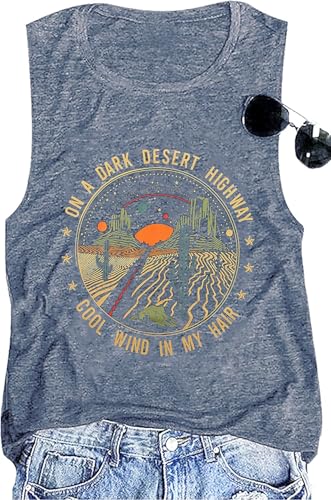 Adventure Tank Tops Women Desert Highway Shirts Nature Graphic Summer Sleeveless Outdoor Tshirt Vest (US, Alpha, X-Large, Regular, Regular, Blue)