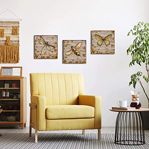 Biuteawal Vintage Insect Animal Wall Art Butterfly Bee Dragonfly Picture Abstract Gold Flower Painting Print On Canvas Vintage Artwork Home Kitchen Bathroom Living Room Decor 12"X12"X3Pcs #TOP1