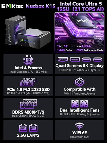 Image of GMKtec K15 Mini PC AI Ultra 5 125U (up to 4.3GHz) 32GB DDR5 (16GB*2) 1TB PCIe 4.0 SSD Gaming Mini Computer, 3X M.2 Expansion Slots, Oculink, Quad Screen 8K Display