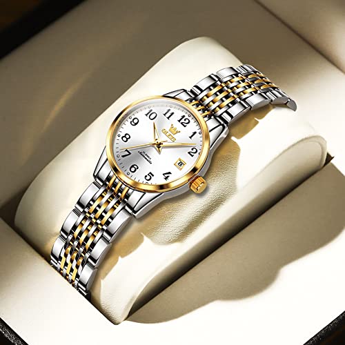 Olevs Womens Automatic Mechanical Watch Gifts Gold And White Two-Tone Easy Read With Date Luminous Waterproof Ladies Watch #TOP19
