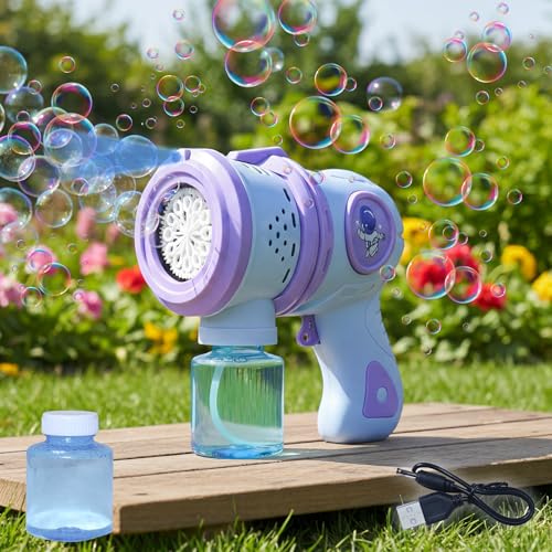 Image of VikriDA Automatic Bubble Blower with LED Lights - 5000+ Bubbles /Min - Includes Charging Cable, 2 Bubble Solution Bottles - Blue