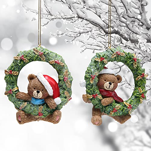 Hodao 2 Pcs Christmas Bear Hanging Decorations Xmas Hanging Figurines Decor Handmade Christmas Wreaths Figurines For Xmas Decor Gift - Christmas Party Home Hanging Decorations (Green-Brown) #TOP2