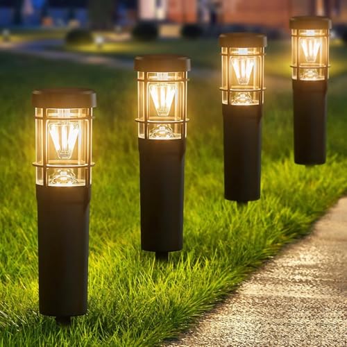 Outdoor Solar Path Lights, 6-Pack, Black, with Glass Panel, IP65 Waterproof, LED Garden Lights, Suitable for walkways and patios.
