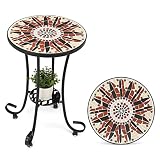 VINGLI Mosaic Outdoor Side Table, 14' Round End Table, Accent Table, Ceramic Tile Top Black Iron,Brown Flower