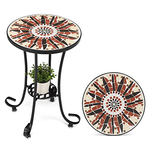 Image of VINGLI Mosaic Outdoor Side Table, 14" Round End Table, Accent Table, Ceramic Tile Top Black Iron,Brown Flower