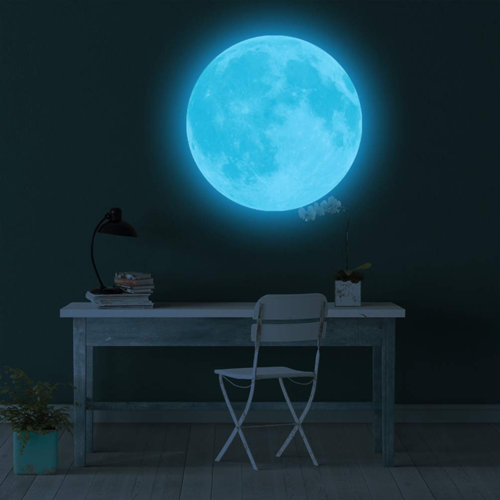 EXCEART 20Cm Glow in The Dark Moon Wall Sticker, Cyan-Blue Light Round Luminous Decal for Bedroom Living Room, Kids Room - Image 4
