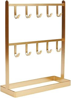 HOBBIESAY 1Pc Tabletop Hook Rack Earring Display Stand 7.87x3.03x9.45 Inch Jewelry Stand Holder Golden 2 Tier 10 Hooks Iron Jewelry Organizer Rack for Necklaces Rings Bracelets Keychains