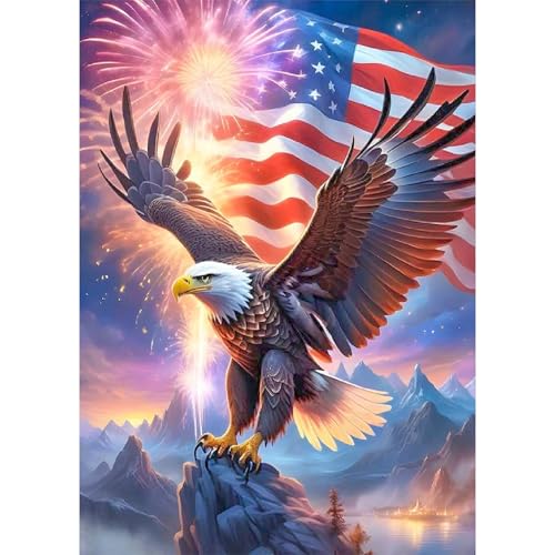 Image of DIY 5D Diamond Painting Kits for Adults, Bald Eagle American Flag Independence Day Fireworks Diamond Art Kits for Adults, Full Drill Round Gem Art Kits 4th of July Patriotic Wall Decor 12x16 Inch