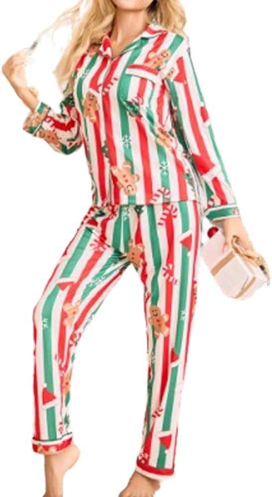 Christmas Pajama Set for Women Long Sleeve Xmas Tree Gingerbread Sleepwear Loungewear Button Down Lounge Set
