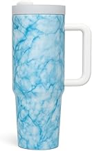 كوب سفر حراري معزول بتقنية الجدار المزدوج قابل لإعادة الاستخدام بغطاء بشفاطة وقاعدة سيليكون من الفولاذ المقاوم للصدأ للحفاظ على مشروباتك الساخنة أو الباردة والقهوة، سعة 1.20 لتر، لون أزرق فاتح وأبيض