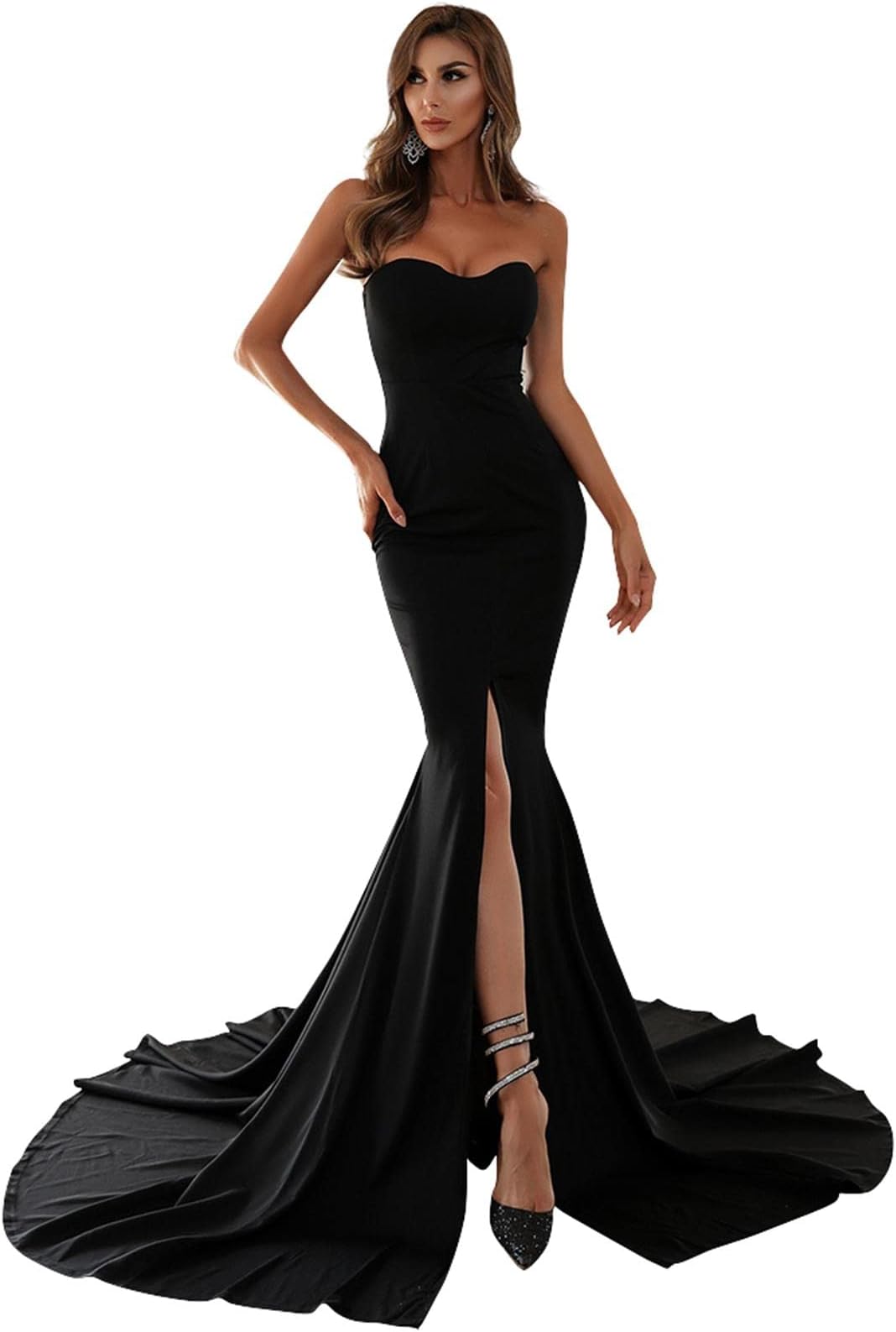 Miss ord Strapless Asymmetric Slit Front Wedding Evening Party Maxi Dress