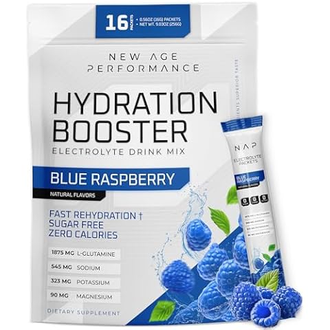New Age Performance Hydration Packets, Electrolytes Powder Liquid Enhancer for Dehydration Relief, L-Glutamine Amino Acids for Muscle Workout Recovery, Sugar Free & 0 Calorie, 16 Pack (Blue Raspberry) Cover