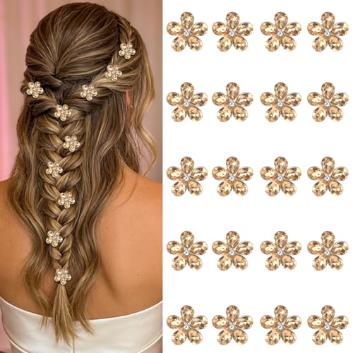 YISSION Mini Crystal Flower Hair Clips - 20 Pcs Gold Rhinestone Tiny Hair Barrettes for Women Girls, Decorative Small Hair Pins for Wedding Bridal Prom Party Hairstyles
