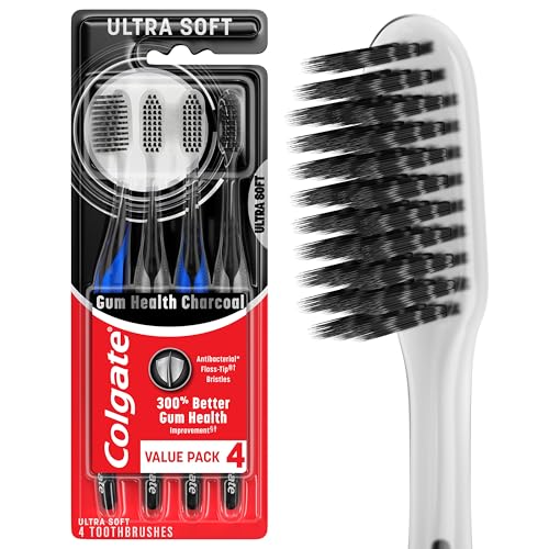 Colgate Gum Health Charcoal Toothbrush with Ultra Soft Floss Tip Bristles, Extra Soft for Sensitive Gums and Teeth, 4 Pack