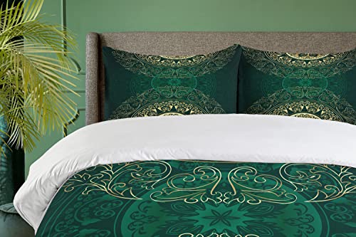 Lunarable Hunter Green Duvet Cover Set, Retro Oriental Mandala Style Floral Circle Antique Swirls Pattern, Decorative 3 Piece Bedding Set With 2 Pillow Shams, King Size, Green Yellow #TOP2