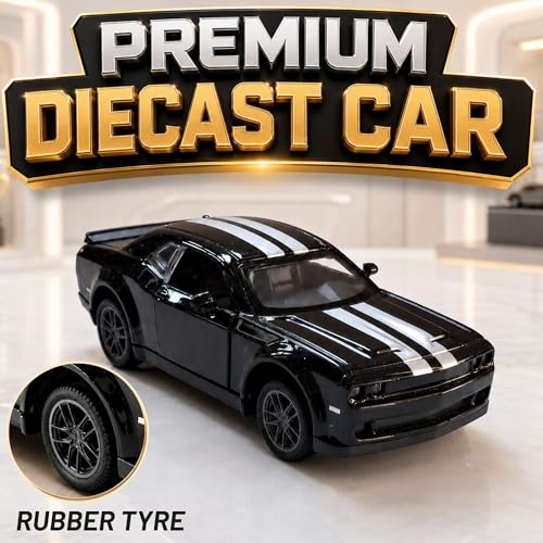 Image of GRAPHENE 1:32 Scale Metal Diecast Toy Car Black Challenger Muscle Sports Alloy Pull Back Car Toy with Music Openable Doors Light & Sound Miniature Action Racing Vehicle Gift for Kids Boys Girls Age+3