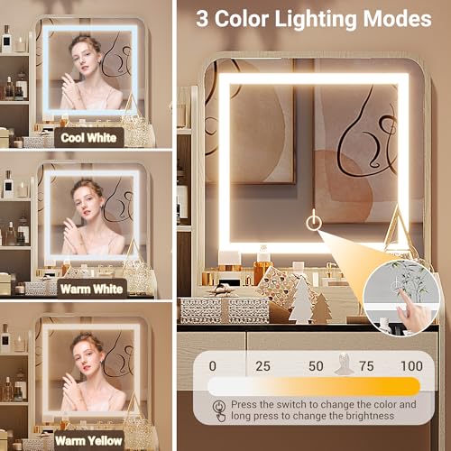 GarveeHome Vanity Desk with LED Light Mirror and Charging Station,Small Makeup Vanities Set with 2 Drawers for Girls Women with Storage Stool (White + Grey Tabletop)