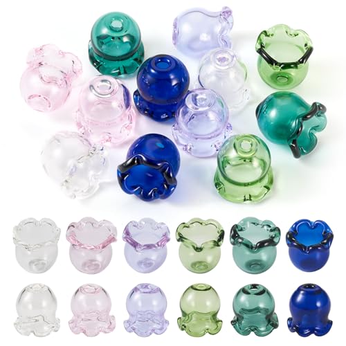Beadthoven 12Pcs Flower Glass Beads Cap Mixed Color Transparent Jellyfish Beads Fishing Beads for Jewelry Making Earrings Lanyard Wind Chime Crafts