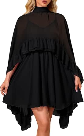 Kaei&Shi Women's Chiffon Cape Ruffle Mini Dress with Sheer Overlay