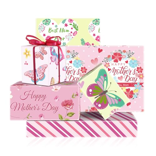 Papier cadeau fête des mères rose floral et papillon - Lot de 6 feuilles grand format