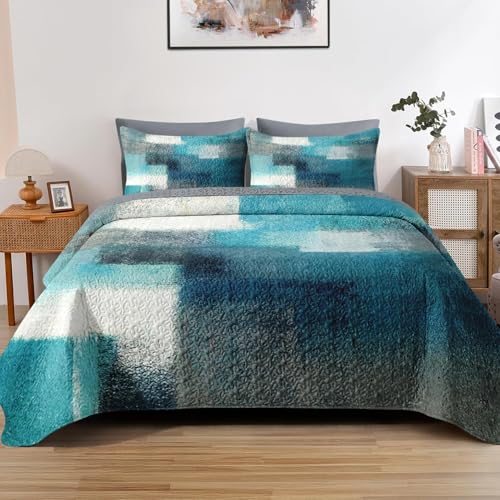 Pamnest Quilt Set Full/Queen Size, Turquoise Grey Painting 3 Pcs