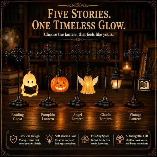Library Lantern-Decorative Bookshelf Lighting, Vintage Mini Bookshelf Lamp with Supportive Base Portable Warm LED Book Shelf Light for Bookworms Home Reading Nook Book Lovers Halloween Decor (Style C) — view 5