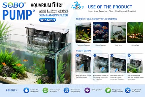 Image of FAH WP-508H Slim Hang on Filter XXL Sobo Power 6.8W Max Flow: 680L /H 2.5Ft to 3.5Ft Aquarium with Adjustable Flow 4 Chambers Silent Filter