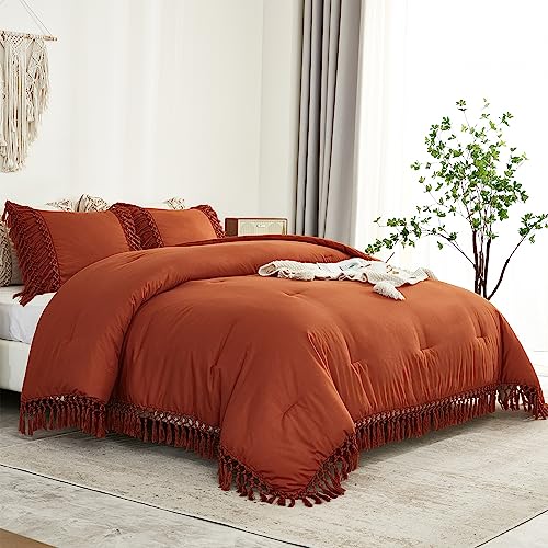 Image of Andency Burnt Orange Comforter Set California King, 3 Pieces Boho Cal King Tassel Lightweight Soft Bedding Comforter Sets, Oversized Bed Set (104x96In Comforter & 2 Pillowcases)