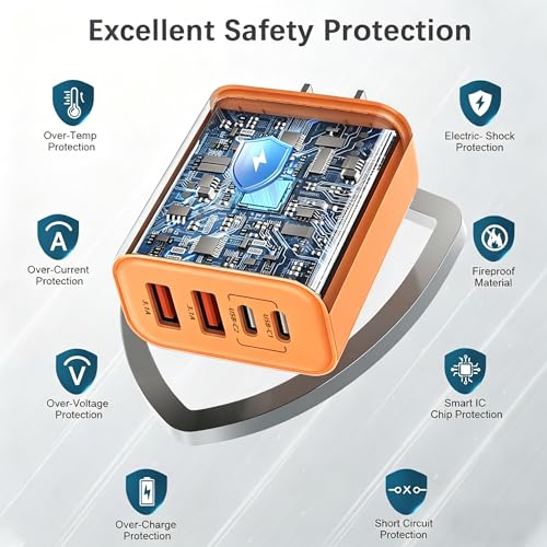 Image of 60W USB C Charger Block,2Pack 4-Port GaN USB C Charger Fast Charging Wall Plug Dual Type C+Dual USB-A Port Multiport Power Adapter Cube for iPhone 17 Pro Max /16 /15 /14 /13 /12 /11,iPad Pro /Air /Mini-Orange