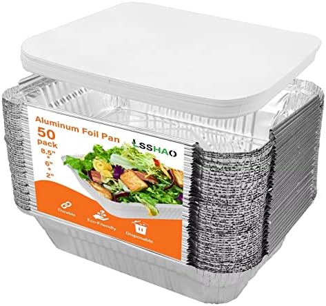 lsshao Disposable Takeout Aluminum Foil Pans with Lid Baking Pans (50 pack) Tin Food Storage Food Containers with Seal for Freshness,Great for Cooking, Heating, Storing, Prepping Food 8.5x6-2.25lb
