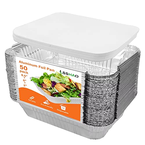 Lsshao Disposable Takeout Aluminum Foil Pans With Lid Baking Pans (50 Pack) Tin Food Storage Food Containers With Seal For Freshness,Great For Cooking, Heating, Storing, Prepping Food 8.5X6-2.25Lb #TOP16