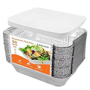 lsshao Disposable Takeout Aluminum Foil Pans with Lid Baking Pans (50 pack) Tin Food Storage Food Containers with Seal for Freshness,Great for Cooking, Heating, Storing, Prepping Food 8.5×6-2.25lb