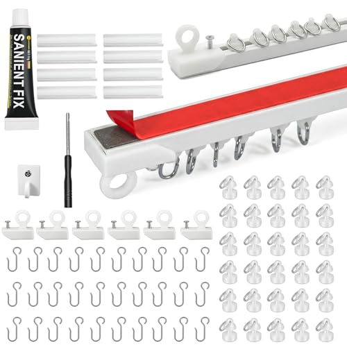 9 Stück Vorhangschiene Selbstklebend – Gardinenschiene ohne Bohren mit 30 Rollen & 30 Haken, Komplettset für Fenster, Balkon & Mietwohnungen