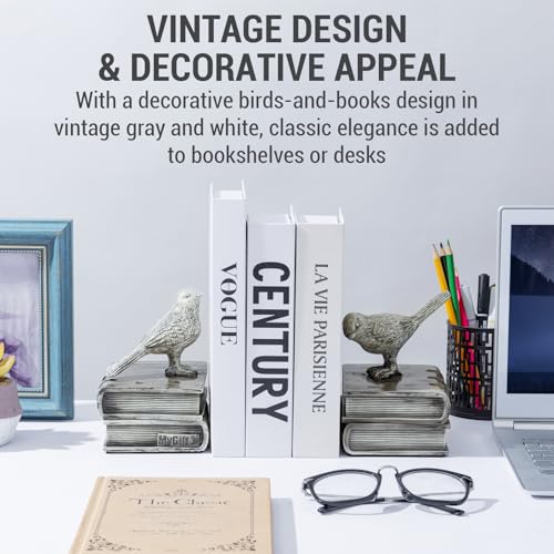 MyGift Resin Decorative Bookends for Heavy Books with Bird and Book Design, Farmhouse Book Ends, Vintage White Bookends, 1 Pair - Thumbnail 2