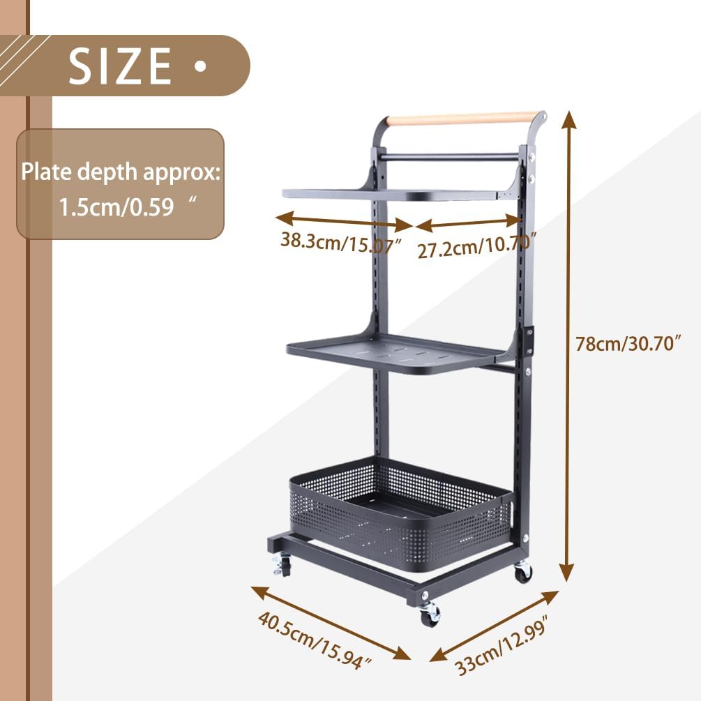 BAOYOUNI Kitchen Storage Cart on Wheels Rolling Utility Rack Adjustable Tiers Home Office Organizer Shelf with Wooden Handle for Pot Pan Fruit Vegetabe Plants Craft - Black (2 Plates + 1 Basket)