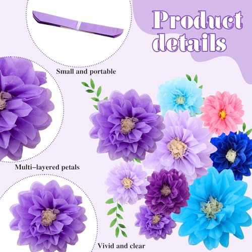 Image of Geyee 18 Pcs Mexican Paper Flowers Colorful Fiesta Tissue Paper Flowers Pom Poms Mexican Carnival for Floral Party Backdrop Wedding Birthday Party Craft, 6 inch 8 inch 10 inch(Blue Purple Series)