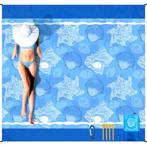 HIHOHO Beach Blanket, Wateresistant Sandproof 79”x 83” Sand Free Beach Mat with Corner Pockets Portable Bag for Beach Festival,Picnic,Travel and Outdoor Camping for 2-4 Adults(Shell)
