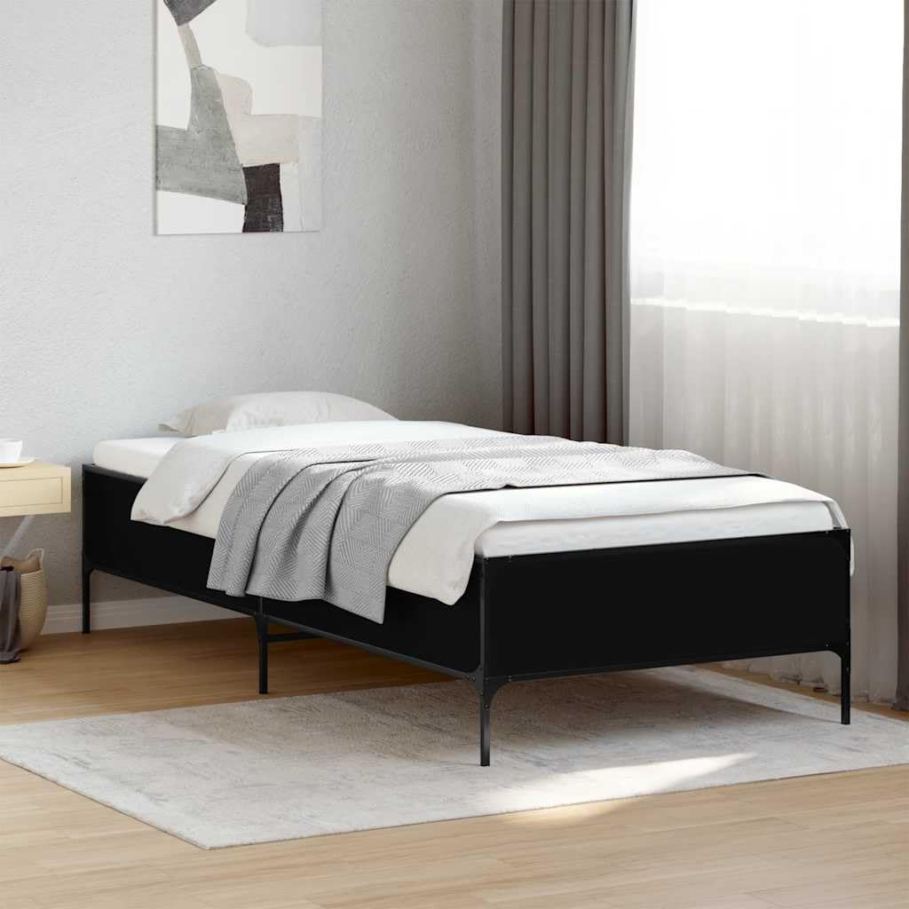 Drewnopochodny z metalowymi nogami stabilna rama 90x200 cm czarny | Rama łóżka 90x200 czarna z drewnopochodnego materiału i metalu, stabilna stelaż pod materac z listwami ze sklejki, wzmocnione